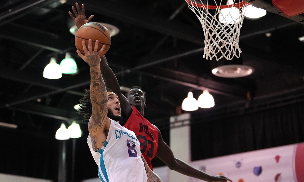 liangelo ball goes up for a layup at hornets summer league