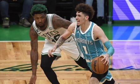 lamelo ball dribbling against marcus smart