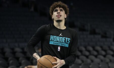 LaMelo focues on a shot