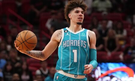 laMelo brings the ball up vs. Heat