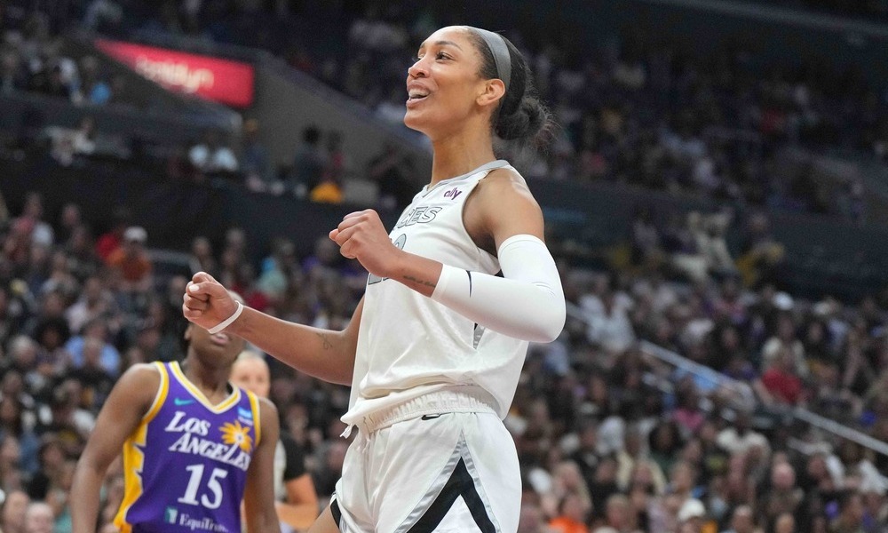 A'ja Wilson celebrating after scoring