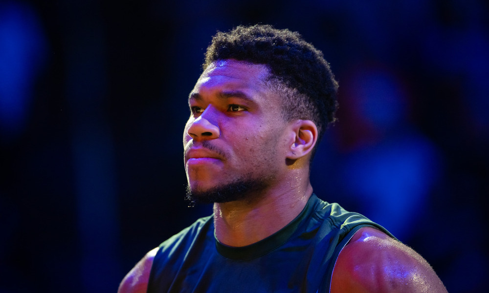 Giannis Antetokounmpo focusing during the pregame festivities