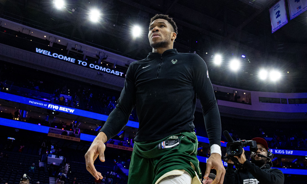 Giannis Antetokounmpo focuses before the start of the game.