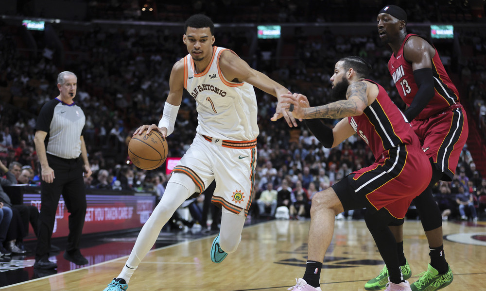 Victor Wembanyama dribbling past his defenders