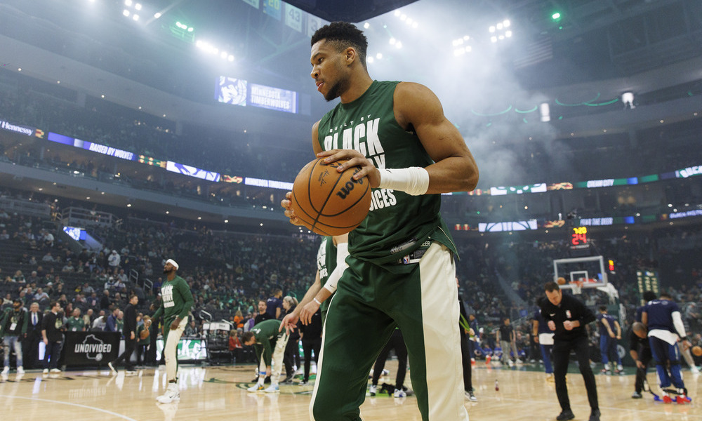 Giannis Antetokounmpo focusing during pregame warmups