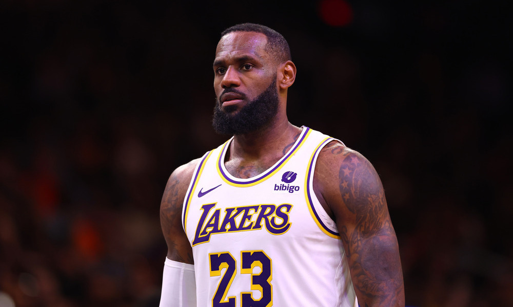 Closeup shot of LeBron James during a stoppage of play