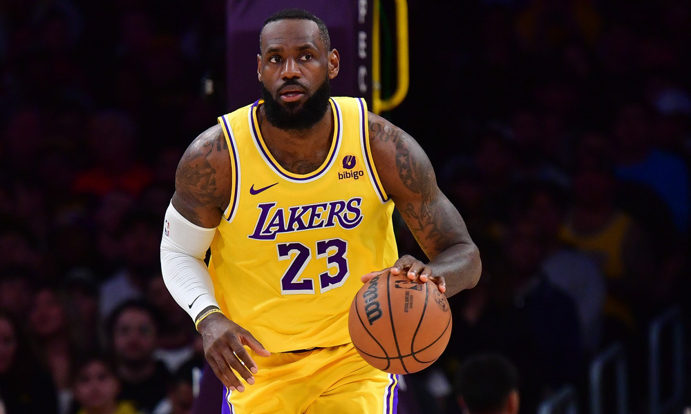 LeBron James dribbling up the court