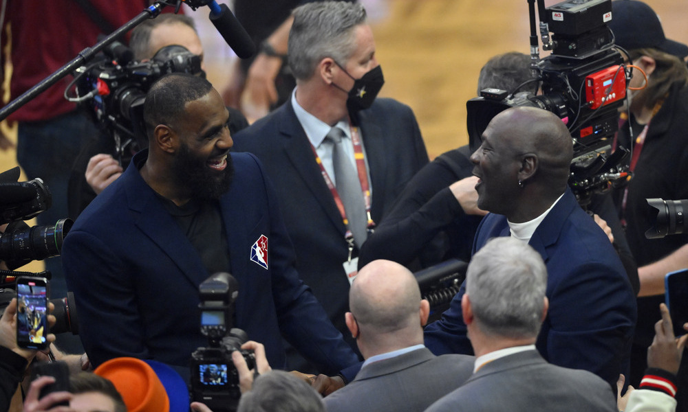 Michael Jordan and LeBron James have a laugh as they meet at the 2022 All-Star Weekend.