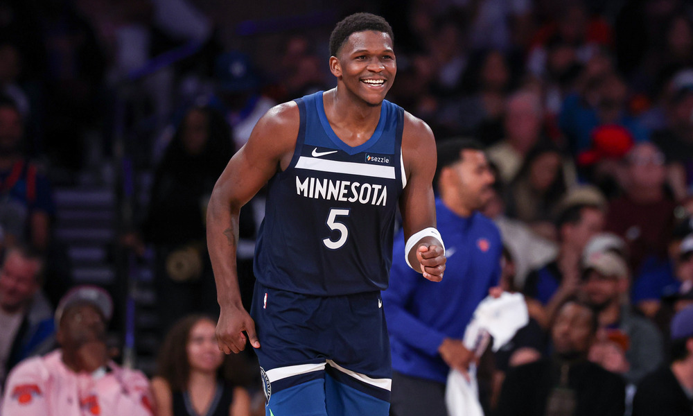 Anthony Edwards laughing during a preseason game