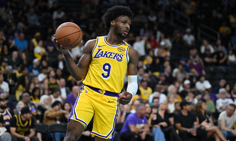 Bronny James dribbling the ball during preseason