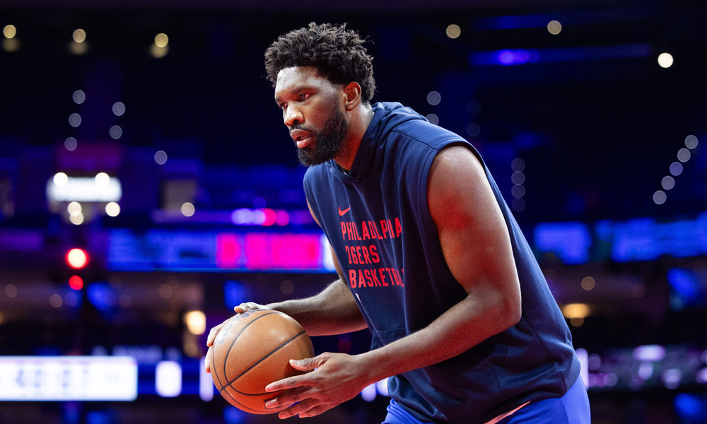 Joel Embiid warming up before the start of a game