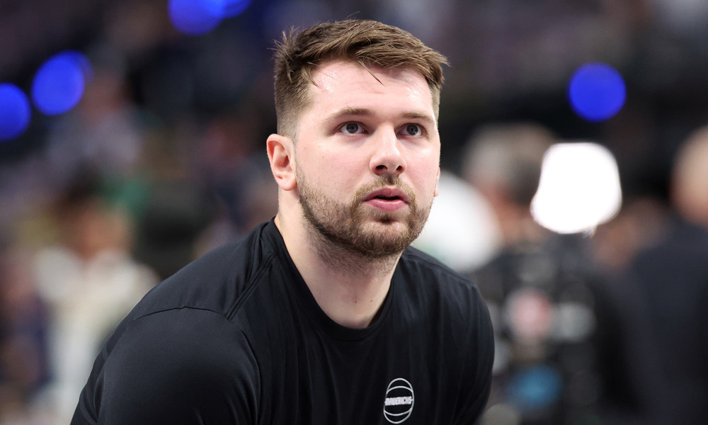 Closeup of Luka Doncic warming up before the NBA Finals.