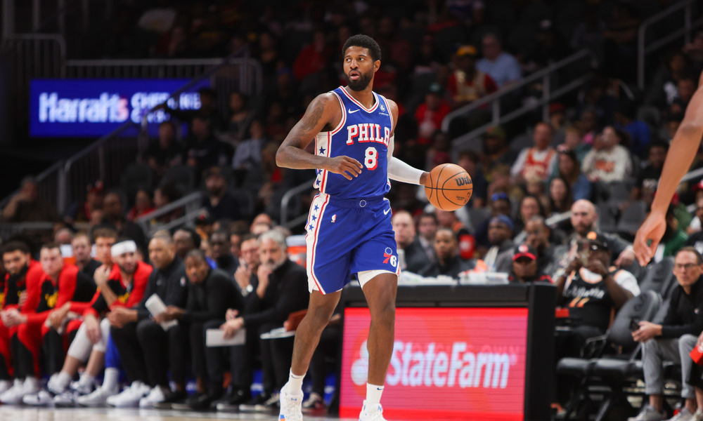 Paul George dribbling the ball during a preseason game against the Atlanta Hawks