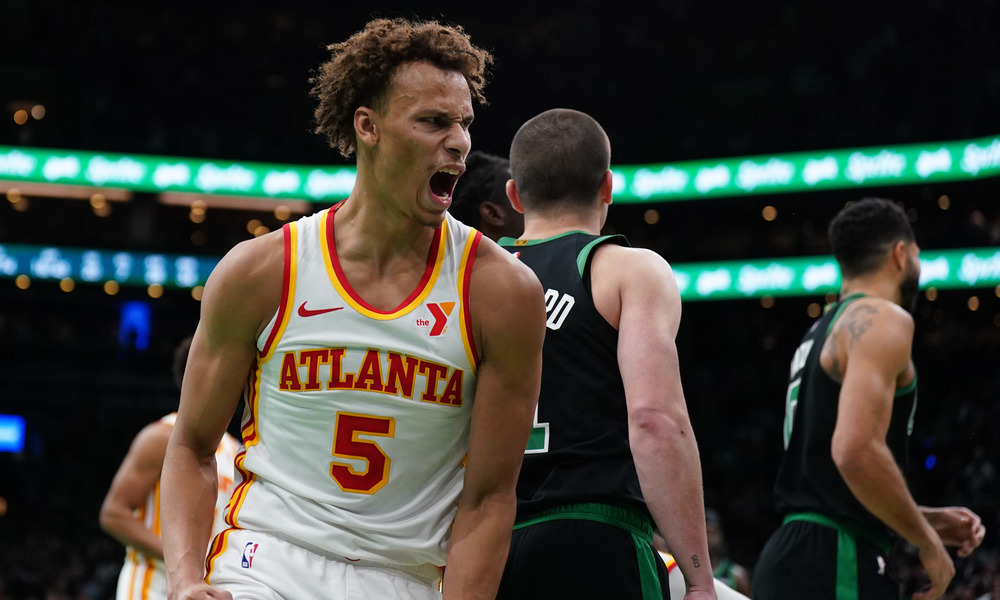 Dyson Daniels celebrates after beating the Boston Celtics