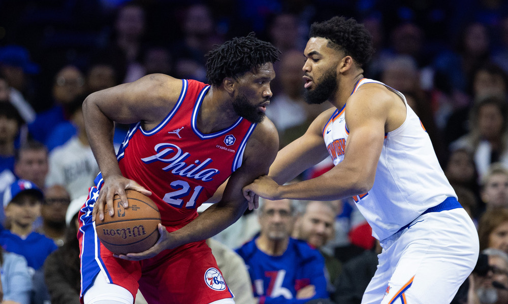 Joel Embiid going toe-to-toe with the ball against KAT