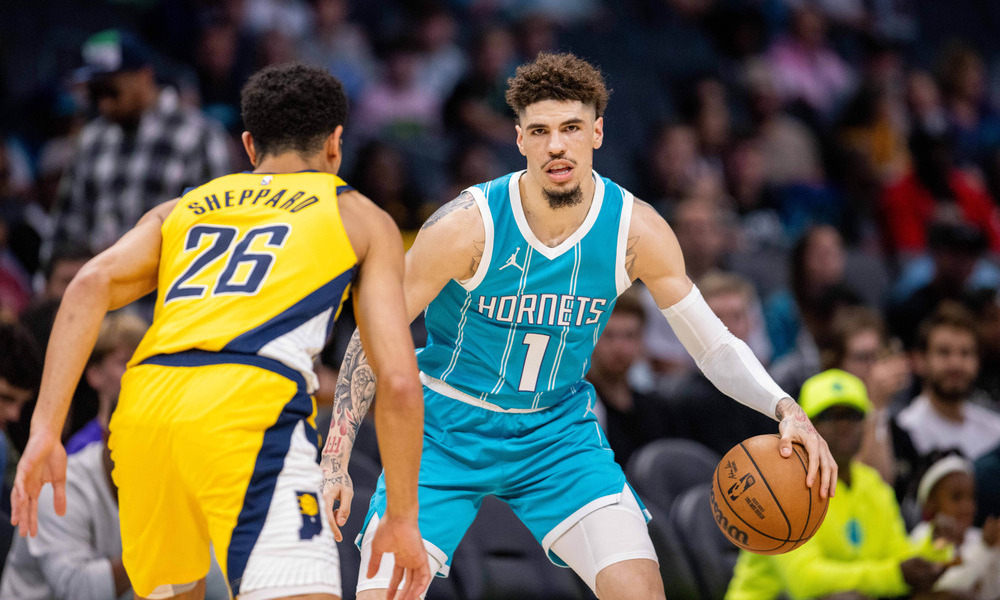 LaMelo Ball dribbling against the Pacers