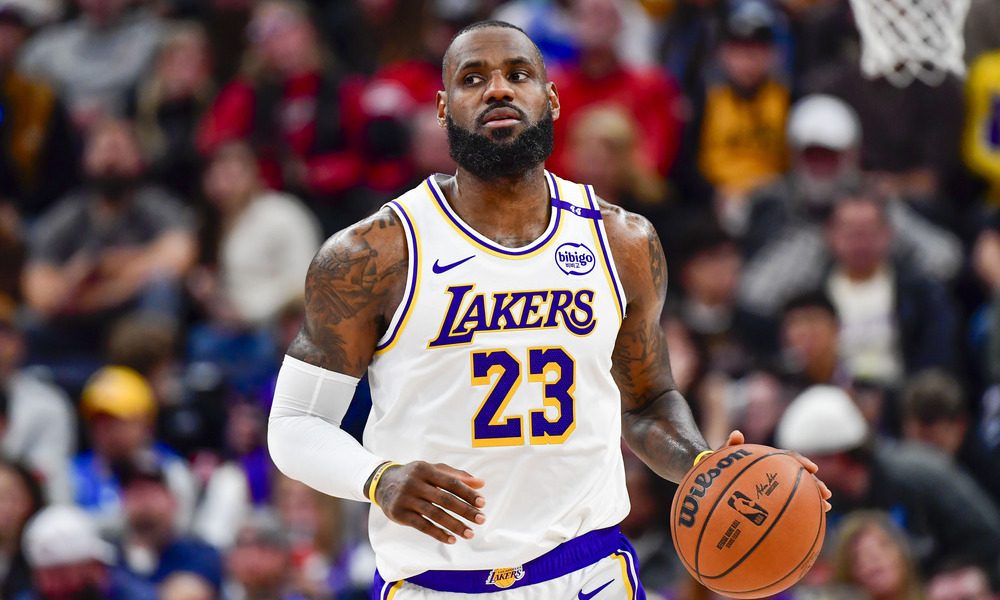 LeBron James dribbling up the open court
