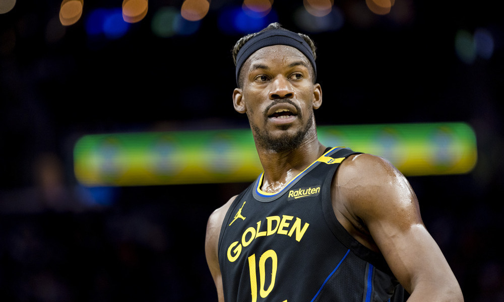 Jimmy Butler looks towards his bench during a timeout.