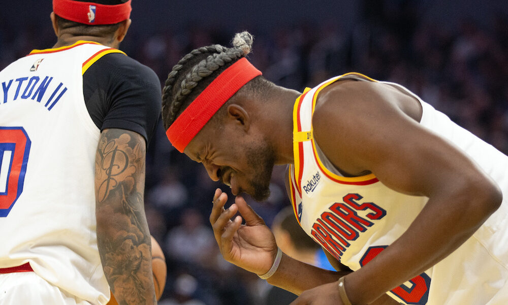 Warriors small forward Jimmy Butler reacts to getting hit in Tuesday's game versus Bucks.