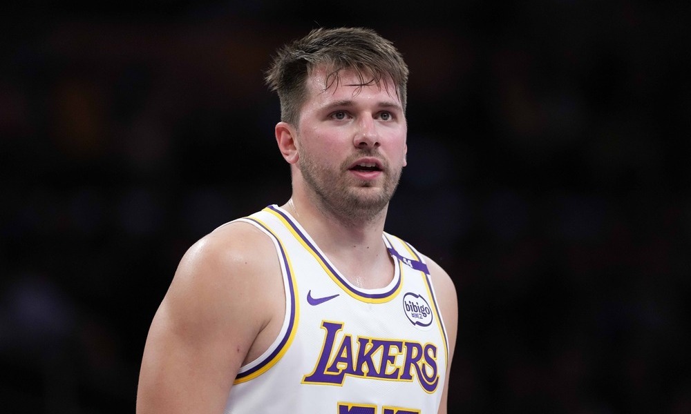 Luka Doncic looks at the bench during a stoppage of play.