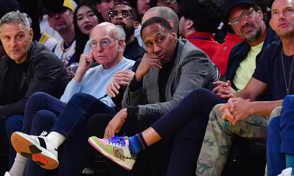 ESPN analyst. Stephen A. Smith sitting court side for the Lakers versus New York Knicks game in 2025.