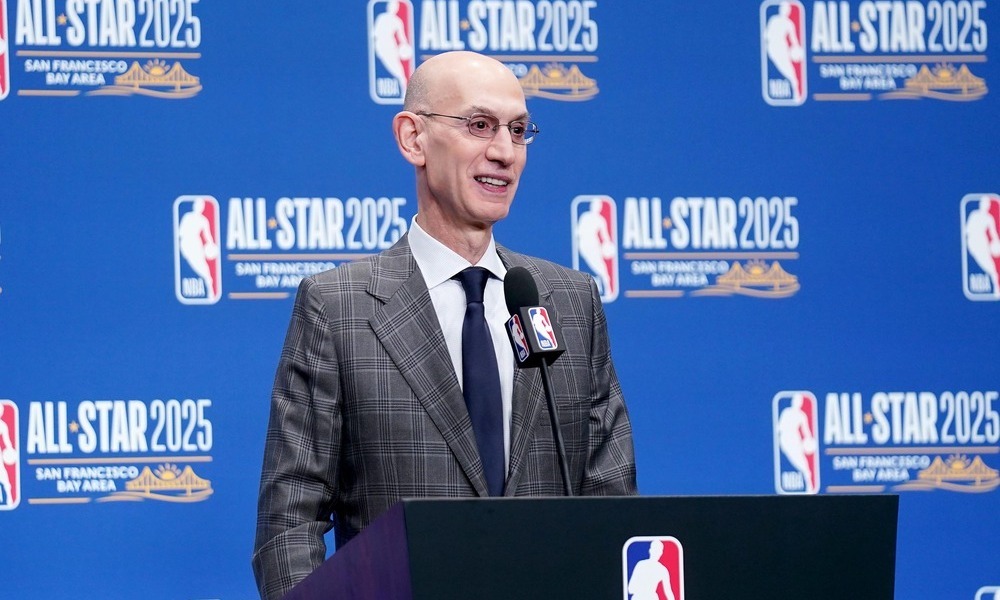 Adam Silver addressing reporters at the 2025 NBA All-Star Weekend.