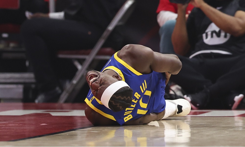 Butler reacts after scary fall