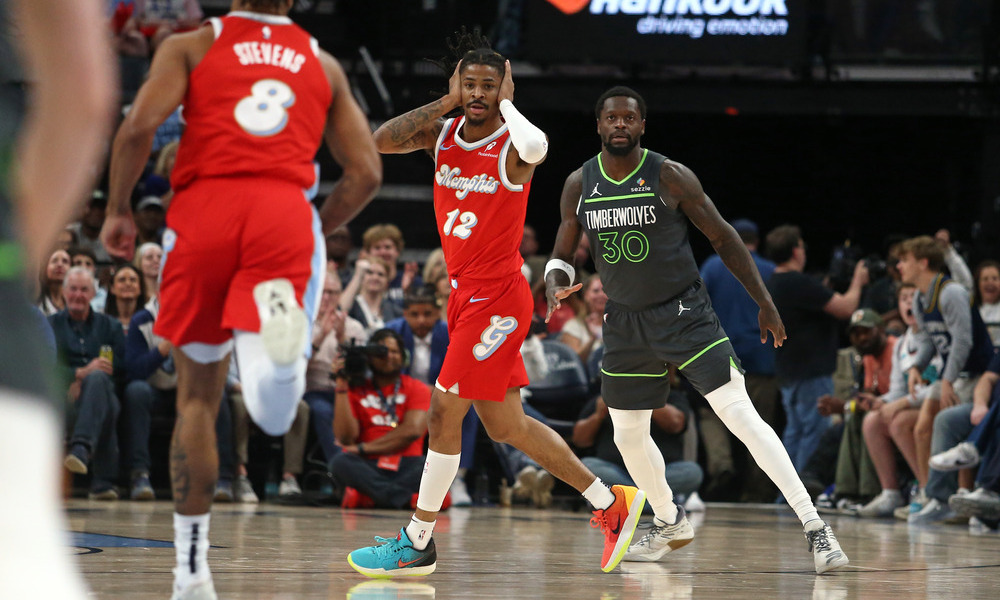 Ja Morant celebrating after making a shot.
