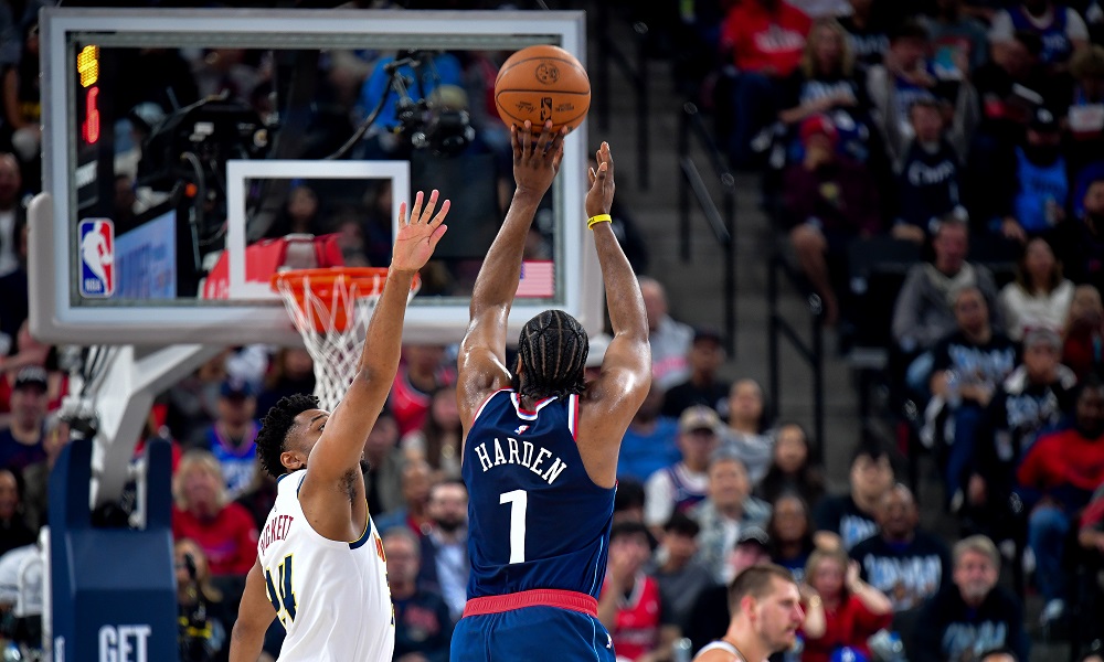 James Harden shoots over Nuggets