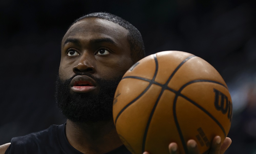 Jaylen Brown holds ball