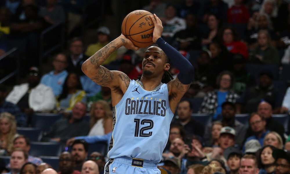 Grizzlies guard Ja Morant shoots a 3-point shot in Monday's game versus Boston.