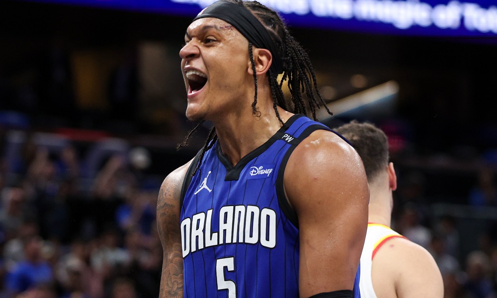 Paolo Banchero reacts after a play against the Atlanta Hawks