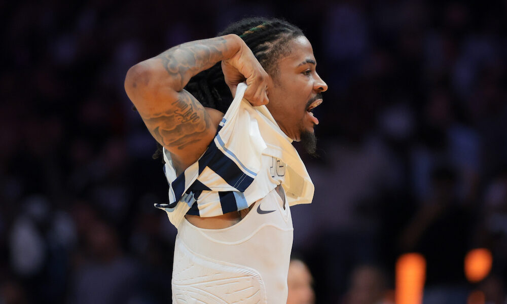 Ja Morant reacts to making game-winning shot for Memphis versus Miami on Thursday.