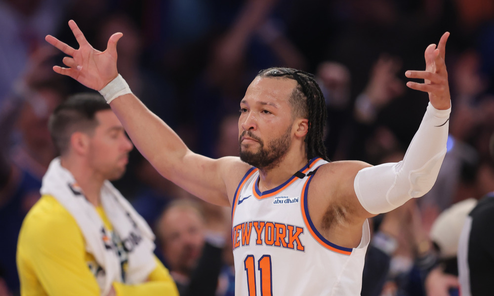 Jalen Brunson celebrates after making a shot.