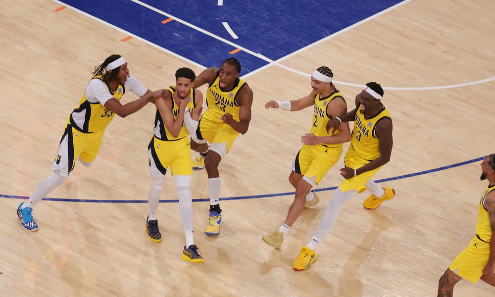 Tyrese Haliburton celebrating after making the game-tying shot in Game 1 of the Eastern Conference Finals.