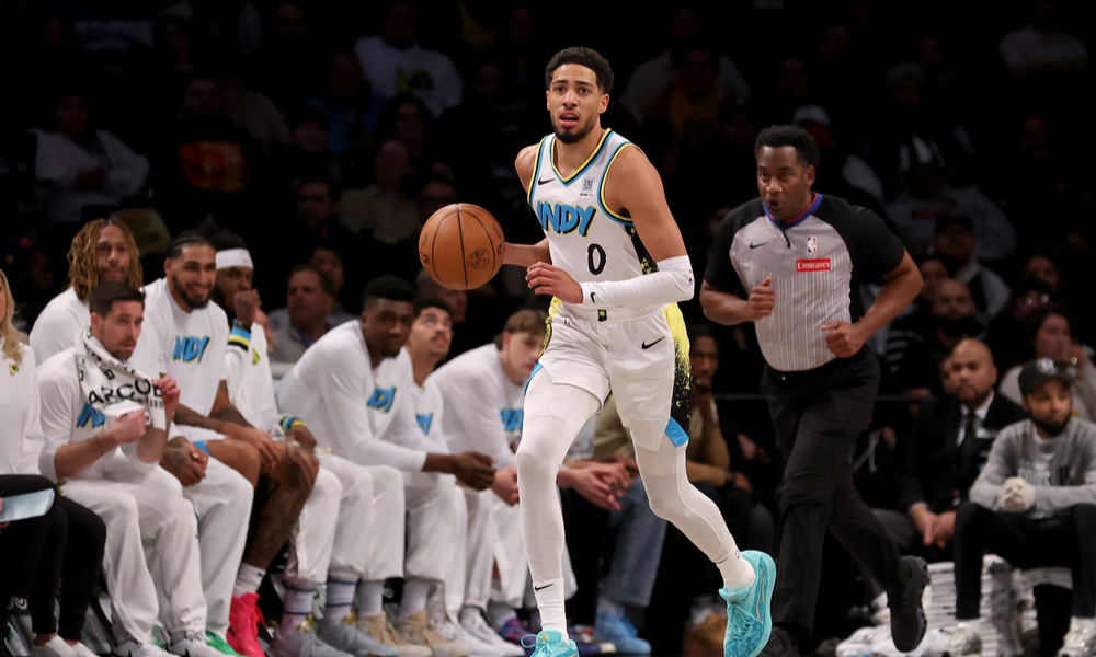 Tyrese Haliburton dribbling up the open court.