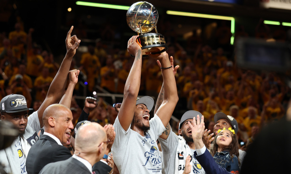 Myles Turner celebrating after winning the 2025 Eastern Conference Finals.