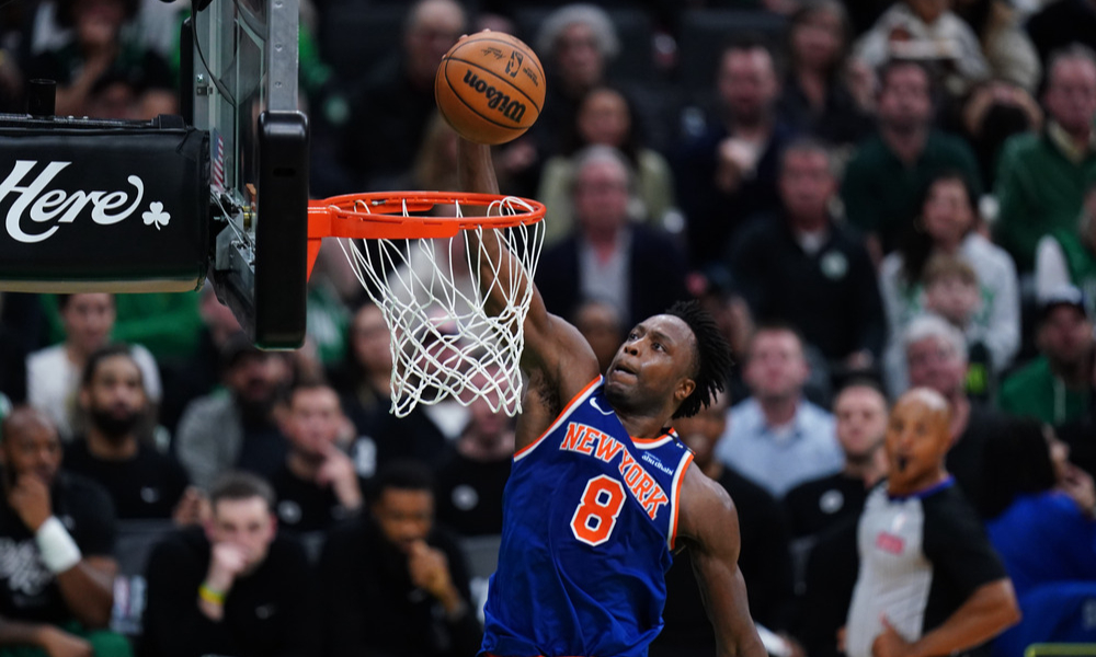 OG Anunoby throwing down a one-handed dunk against the Boston Celtics.