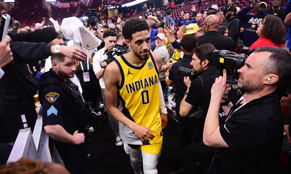 Tyrese Haliburton leaving the court after the win.
