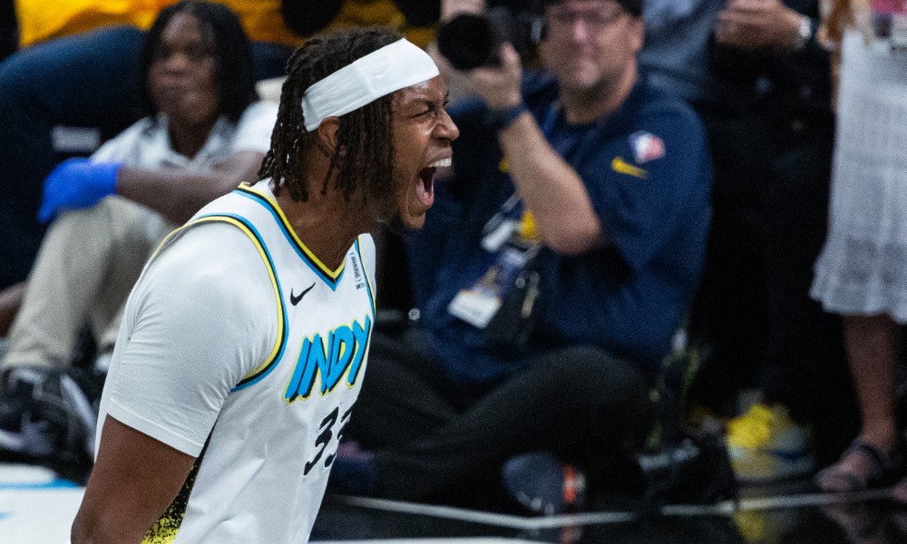 Myles Turner reacts after a made bucket vs. Cavs