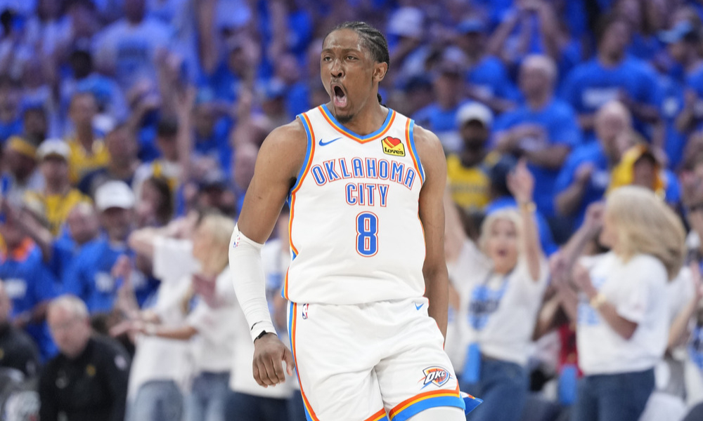 Jalen Williams celebrating after making a shot.