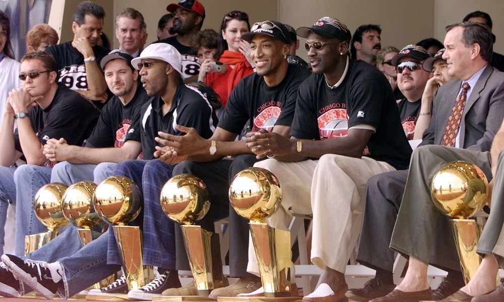 Chicago Bulls celebrate after winning sixth title