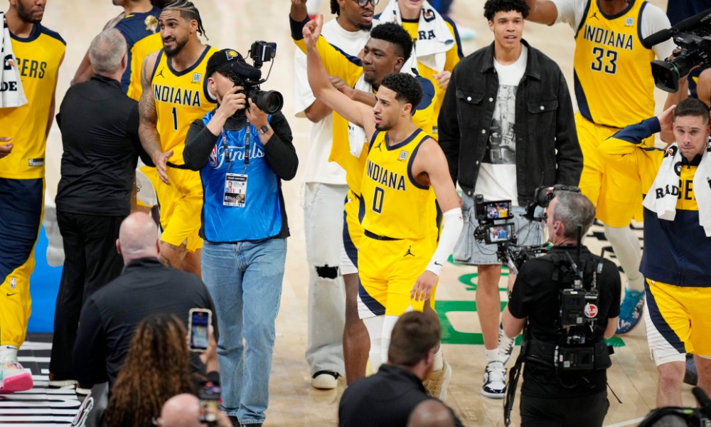 Pacers celebrate Game 1 victory after winning with 0.3 seconds left in the game