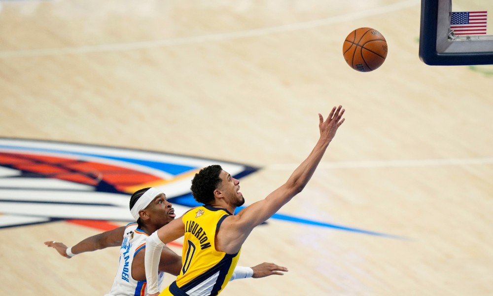 Tyrese Haliburton attempts a layup during Game 1 of the Finals