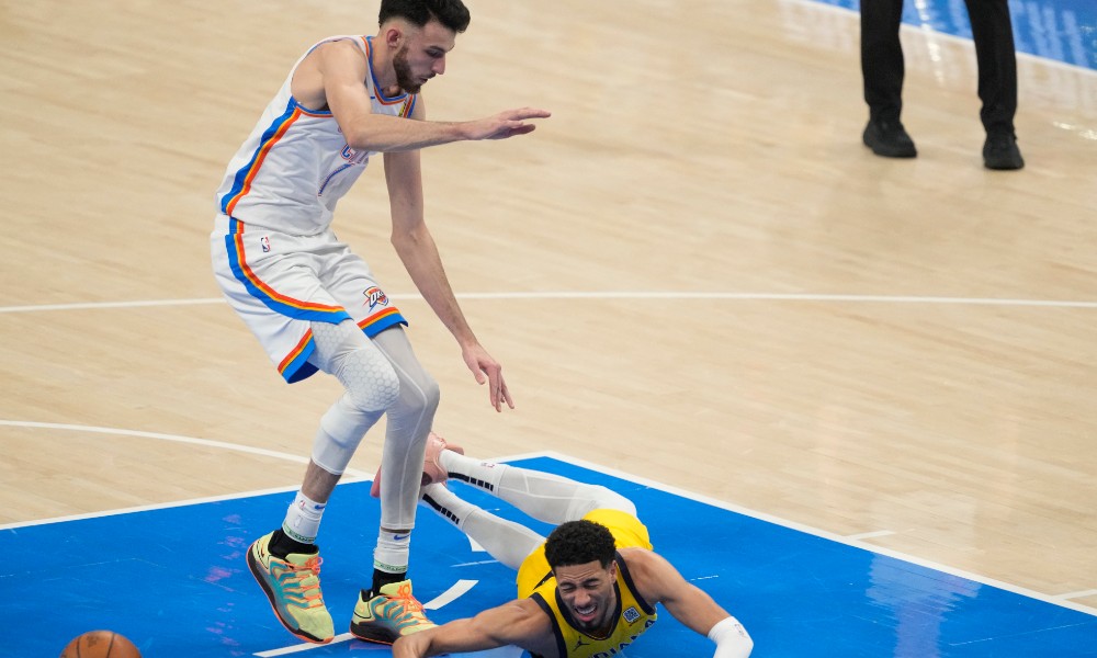 Tyrese Haliburton falls after going after ball in Game 5 of Finals