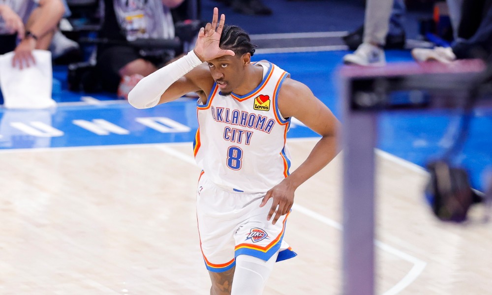 Jalen Williams celebrates the Thunder's 3-2 series lead