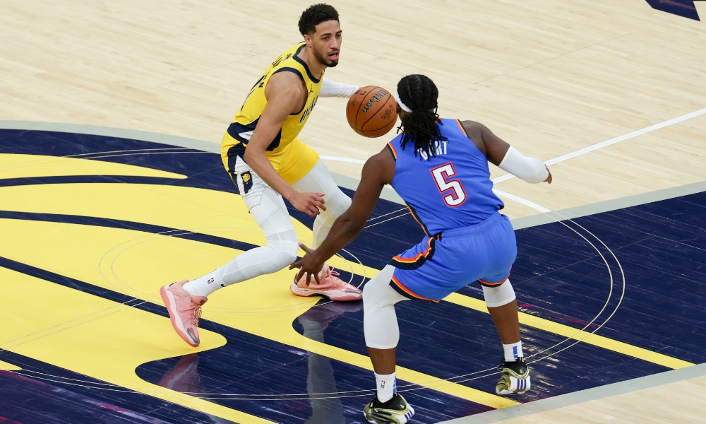 Tyrese Haliburton dribbles during Finals