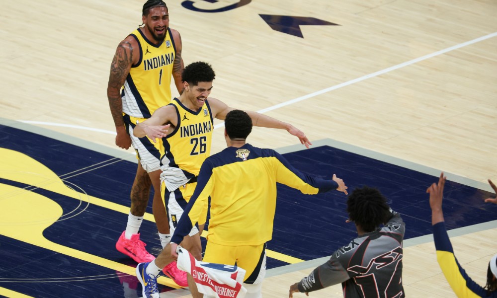 Indiana Pacers celebrate during Game 6 of Finals