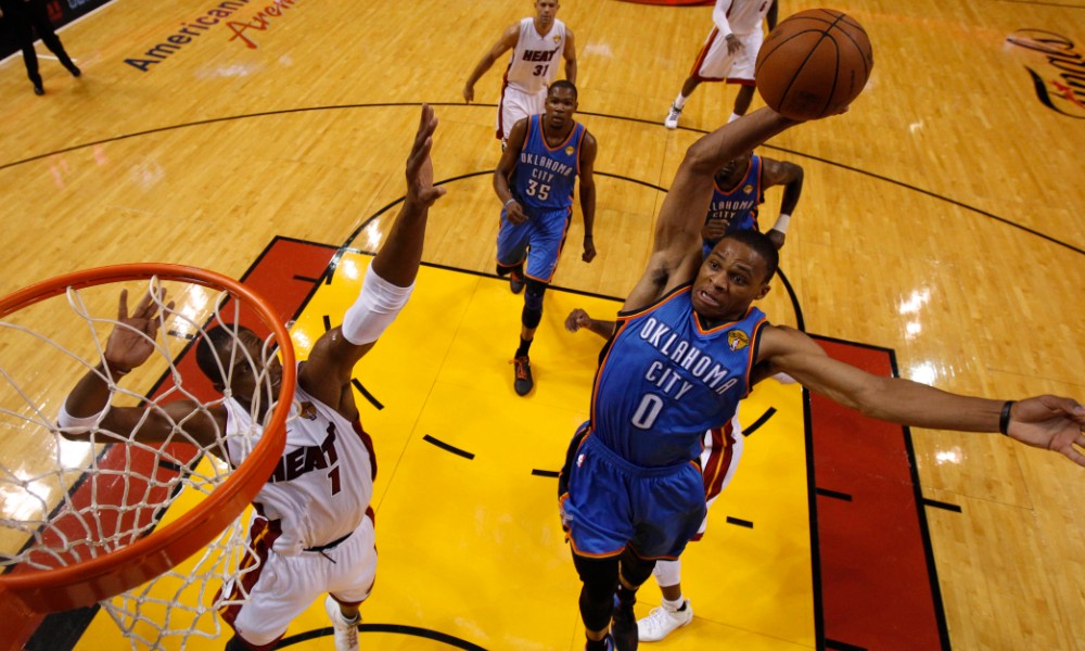 Russell Westbrook soars for a dunk during the 2012 NBA Finals