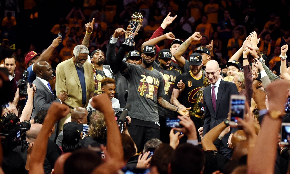 LeBron James celebrates after leading the Cavaliers to a Game 7 Finals victory over the Warriors